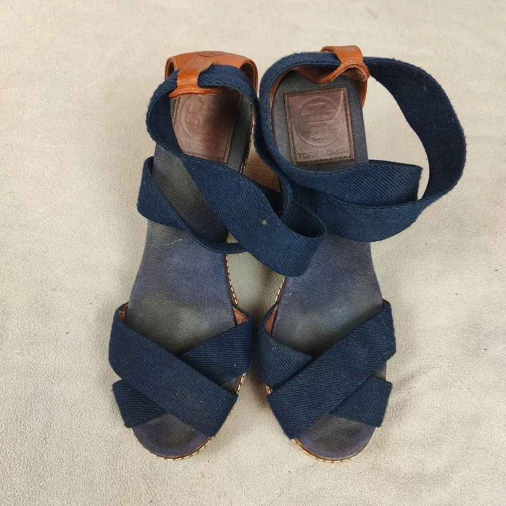 Tory Burch Frieda Espadrille Wedge‎ Sandals Womens 8.5B Navy Blue Strappy Beachy